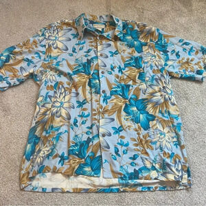Boca Classics 100% Silk Button Front Collar Top Aloha Hawaiian Floral Sz XL